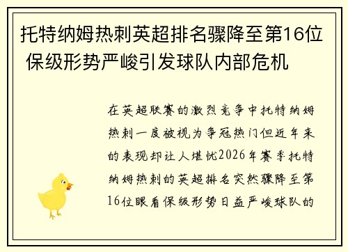 托特纳姆热刺英超排名骤降至第16位 保级形势严峻引发球队内部危机