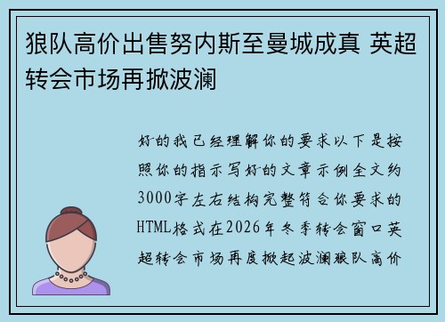 狼队高价出售努内斯至曼城成真 英超转会市场再掀波澜